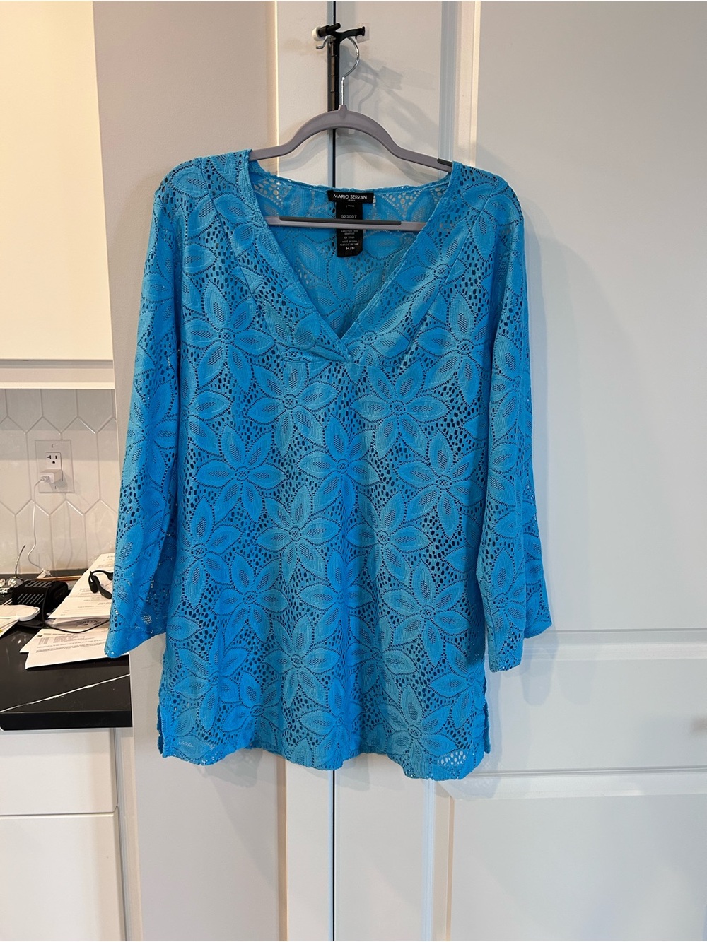 Mario Serrani Italy Blue Floral Crochet Tunic Top V Neck Boho Layer Knit Summer